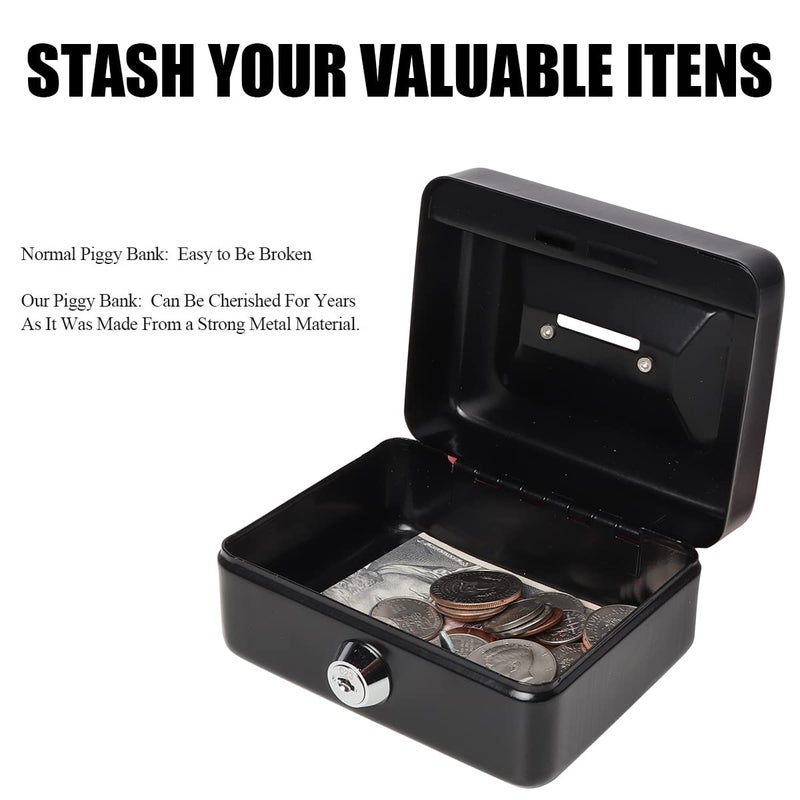 Jssmst Small Cash Box with Lock and Slot - Jssmst Metal Coin Bank Small Lock Box, Black(SMCB0301N) - Image 5
